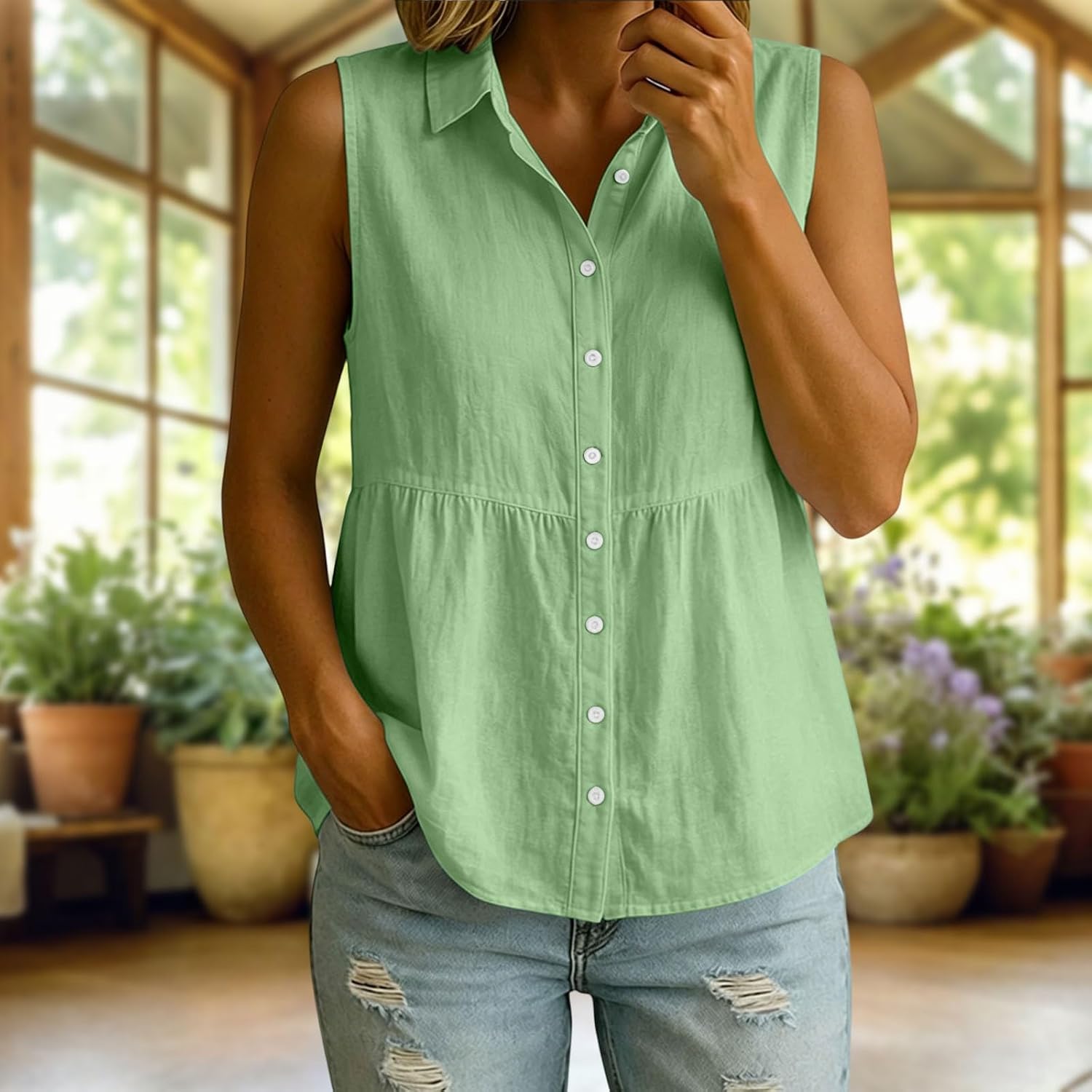 Oplxuo Women's Cotton Linen Tank Tops Casual Sleeveless Collared Button Down Shirt Peplum Babydoll Blouse