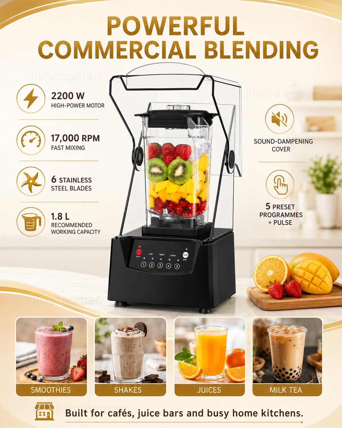 Blender Gastronomiczny do Smoothie i Lodu, Profesjonalny Mikser 2200 W z Kielichem 1,8 L, 6 Ostrzami ze Stali Nierdzewnej, Osłoną Wyciszającą i 5 Programami do Kawiarni, Baru, Klubu