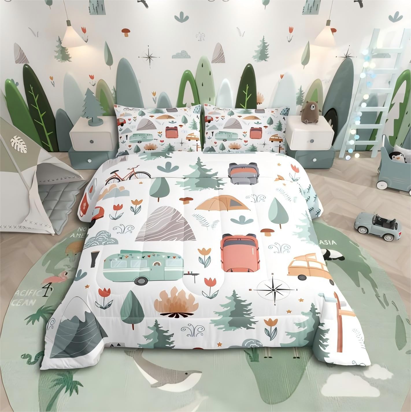 Kids Camping Comforter Set King, Car Bedding Set for Boys Girls, Travel Car Camper Accessories Bed Set, Botanical Floral Mountain Adventure Quilt, Cute Camper Duvet Insert Rv Decoration 3Pcs