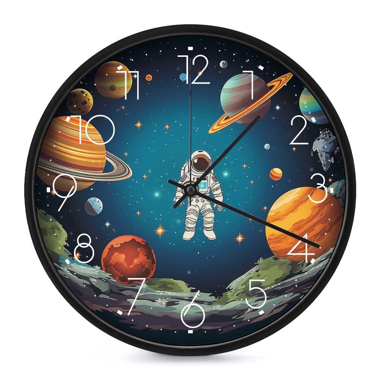 Horloge ronde espace astronaute au design épuré et analogique
