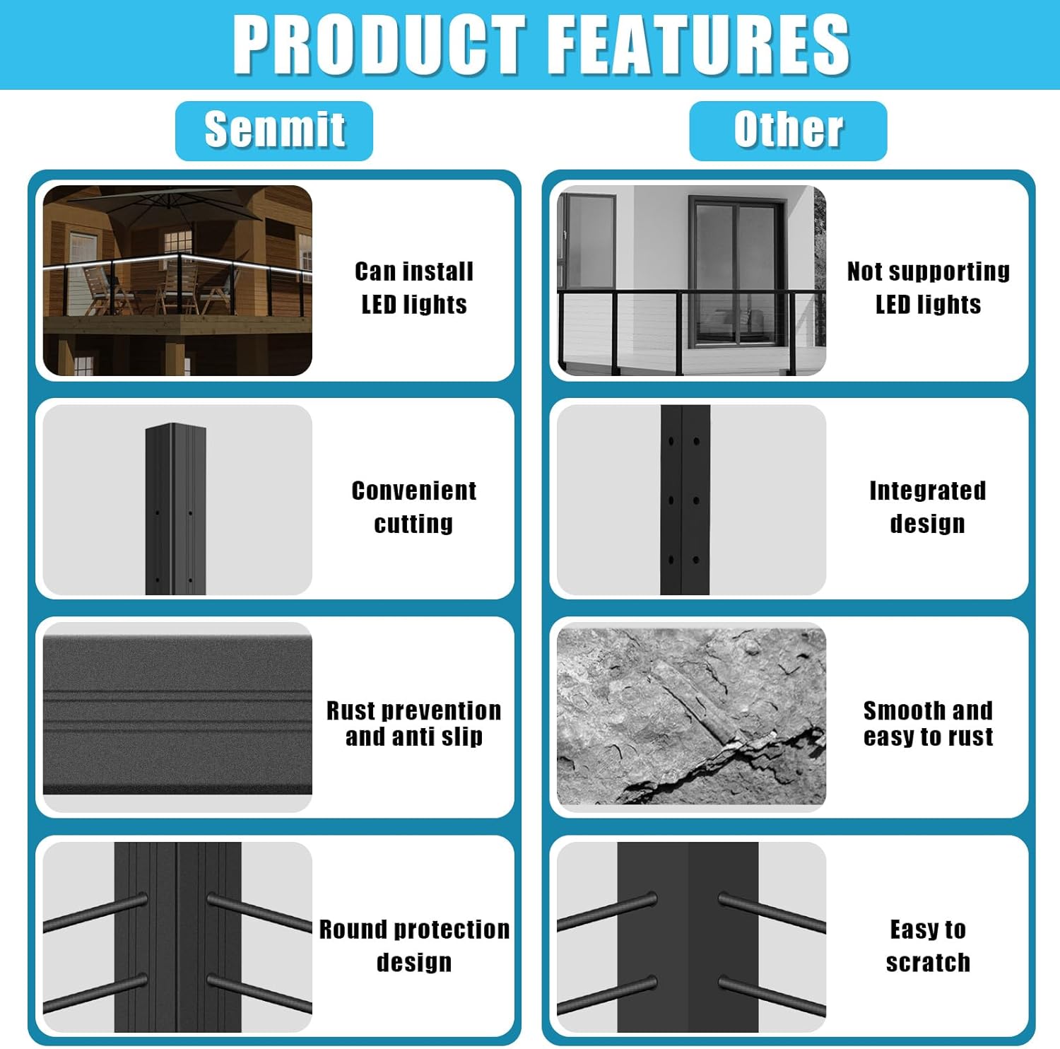 36in Black Cable Railing Corner Post Angel 3 Sides Pre-drilled Surface Mount Aluminum Cable Railing System for Indoor Outdoor Length cuttable