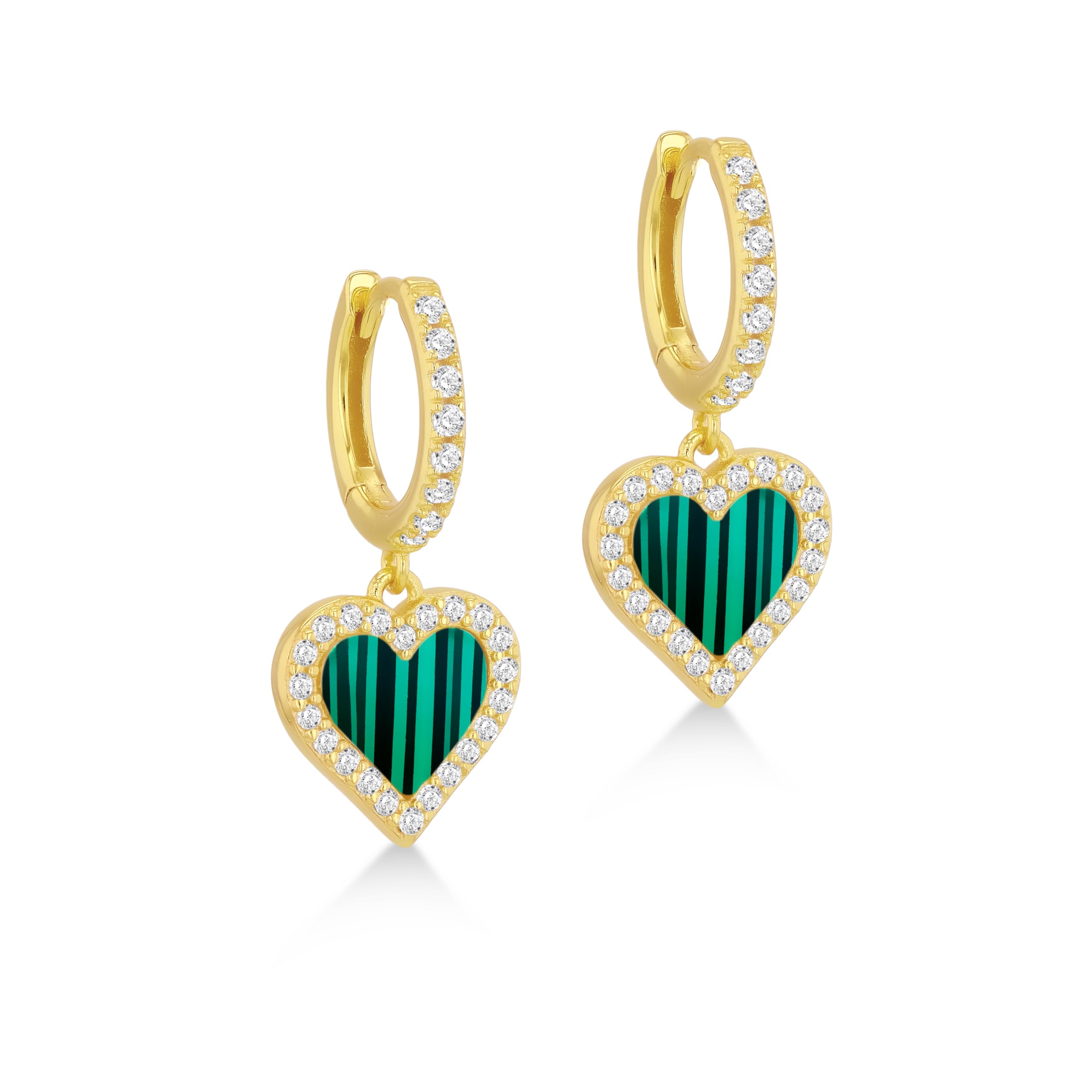 Amazon Essentials Sterling Silver Yellow Gold Plated Malachite CZ Heart Hoop Drop Earring