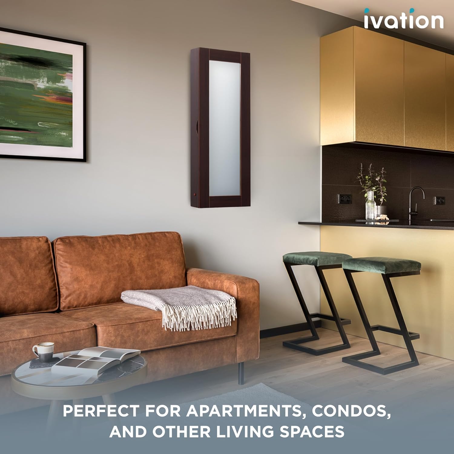 Ivation Wall-Mounted Ironing Board Cabinet, Foldable Ironing Storage Station for Home, Apartment & Small Spaces, Easy-Release Lever, with Miror Door, Walnut Color