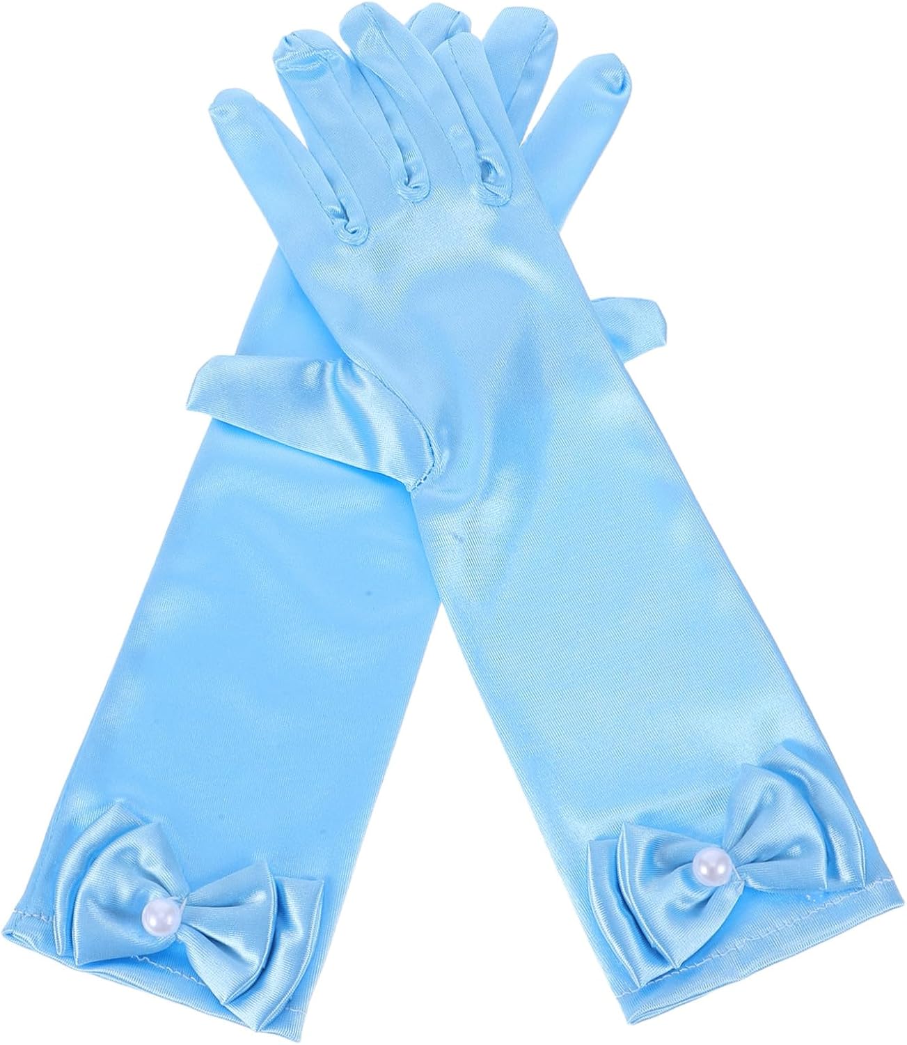 Flower Girl Long Satin Gloves with Bowknot Full Finger Design for Wedding Church Easter Prom and Party Light Colored Dress Gloves Pair