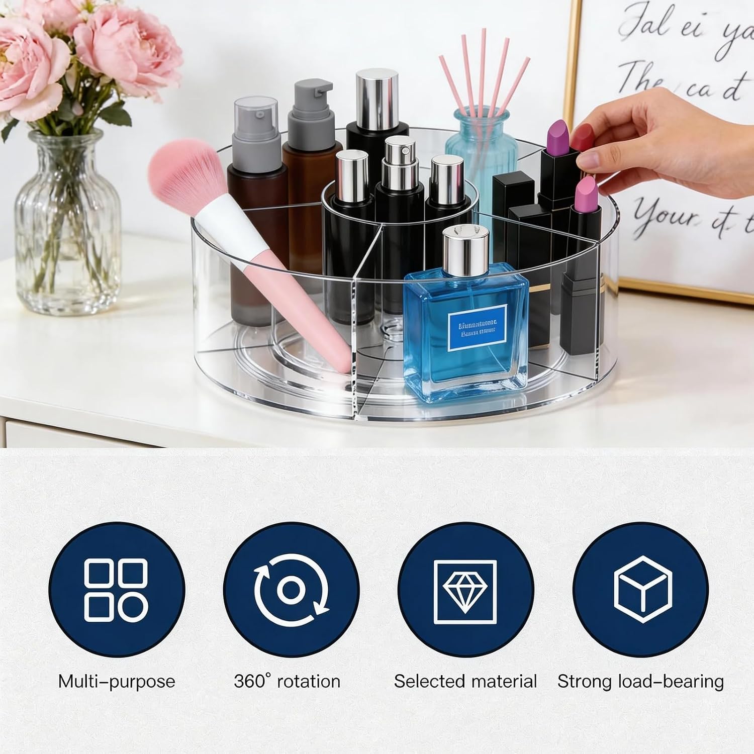 2 set 360° Rotating Acrylic Makeup Organizer, Clear Makeup Brush Holder & Pen Holder, Multi-Compartment Rotating Organizer for Cosmetics, Office Supplies, Vanity & Desk