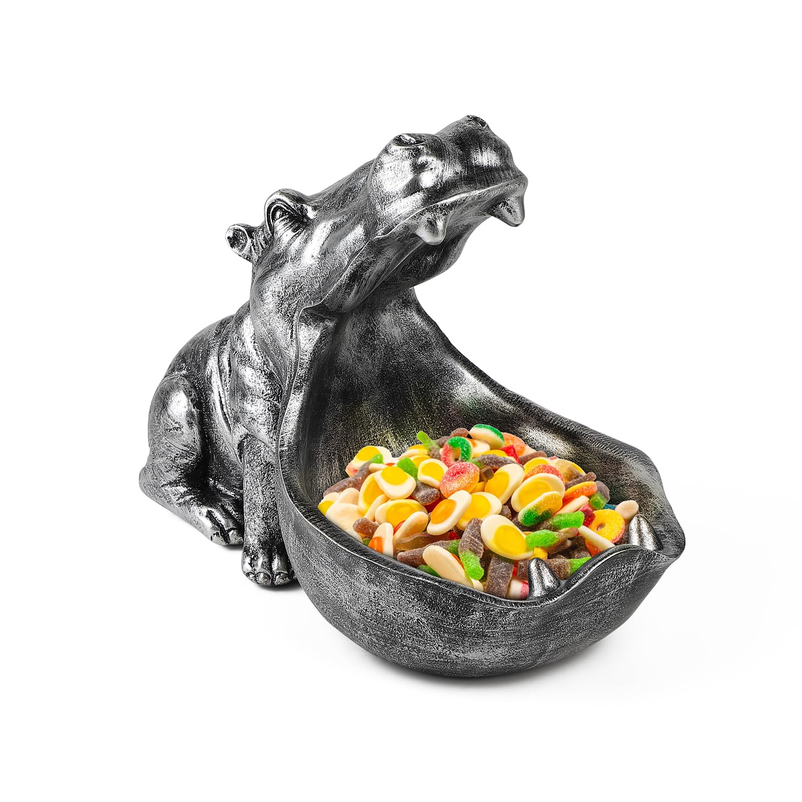efuturetime Estatua de Hipopótamo de Resina, Figura de Resina para Bandeja de Llaves, Decoración Moderno, Escultura de Hipopótamo de Boca Grande para Pasillo, Salón, Oficina, Regalos, Plata-Pequeño