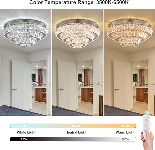 Miniatura 4 de Cainjiazh Candelabro de cristal moderno de 16.5 pulgadas, lámpara de techo LED con control remoto, 3 capas, montaje empotrado, lámparas de techo