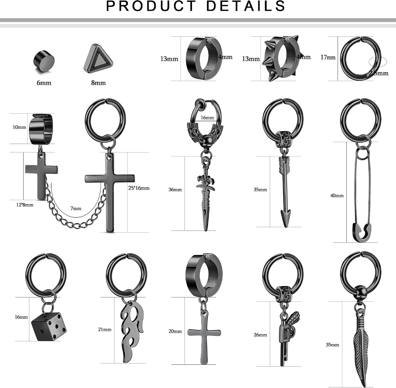 Florideco 22Pcs Stainless Steel Fake Earrings for Men Women Cross Chain Pendant Earring Non-Piercing Huggie Hoop Earrings Set Clip On Earrings for Men Black Fake Earrings