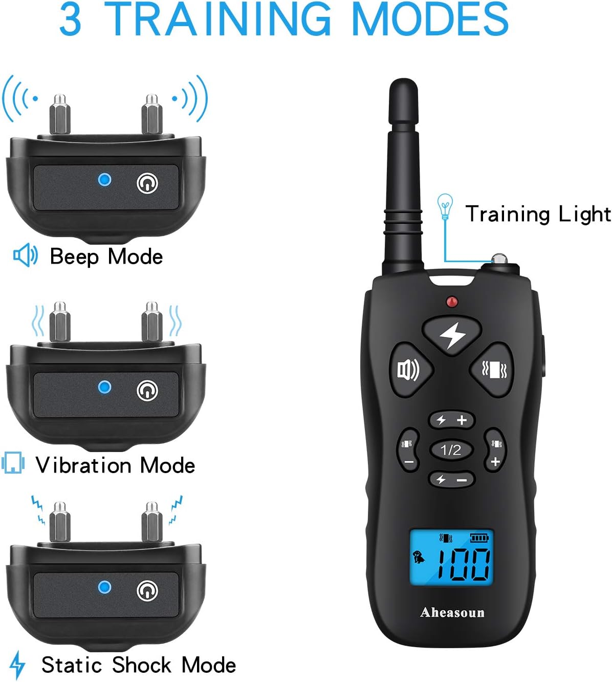 Aheasoun Dog Training Collar, Dog Shock Collar, 3 Training Modes, Beep, Vibration and Shock, 0~100 Shock Levels, 100% Waterproof Training Collar with Remote Rechargeable for Small Medium Large Dogs