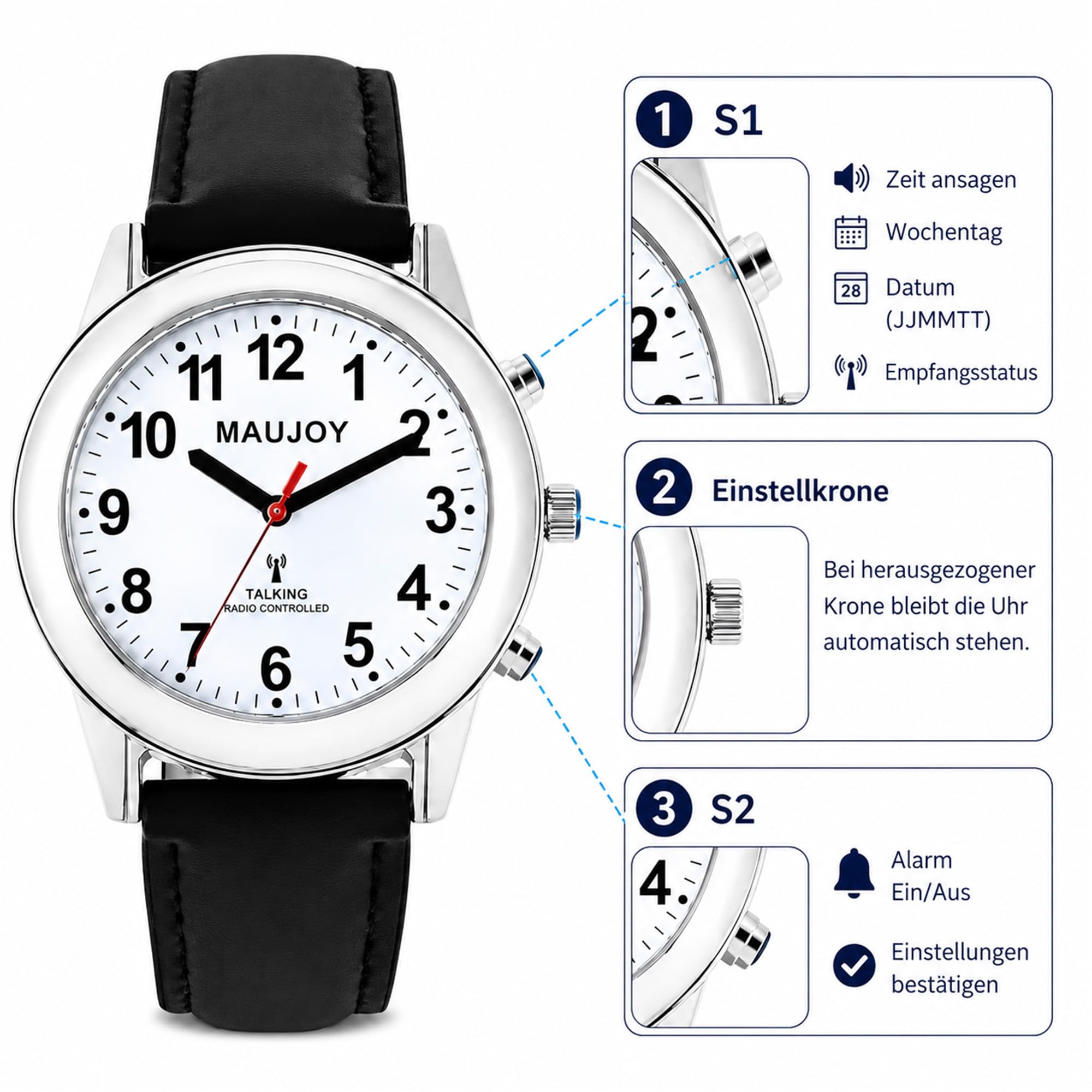 Sprechende Uhr für Herren für Blinde Senioren mit Sehbehinderung