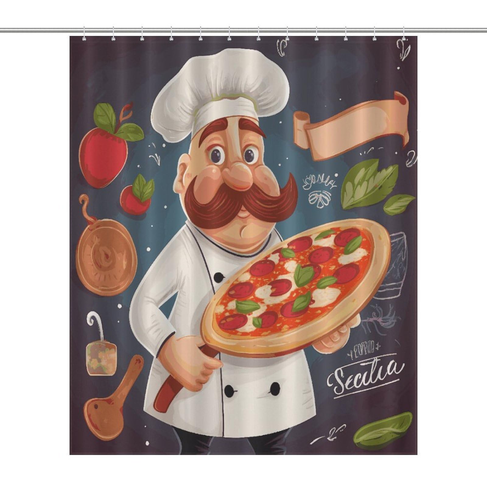 Rideau de douche imperméable en polyester motif pizza 143x180 cm avec 12 crochets