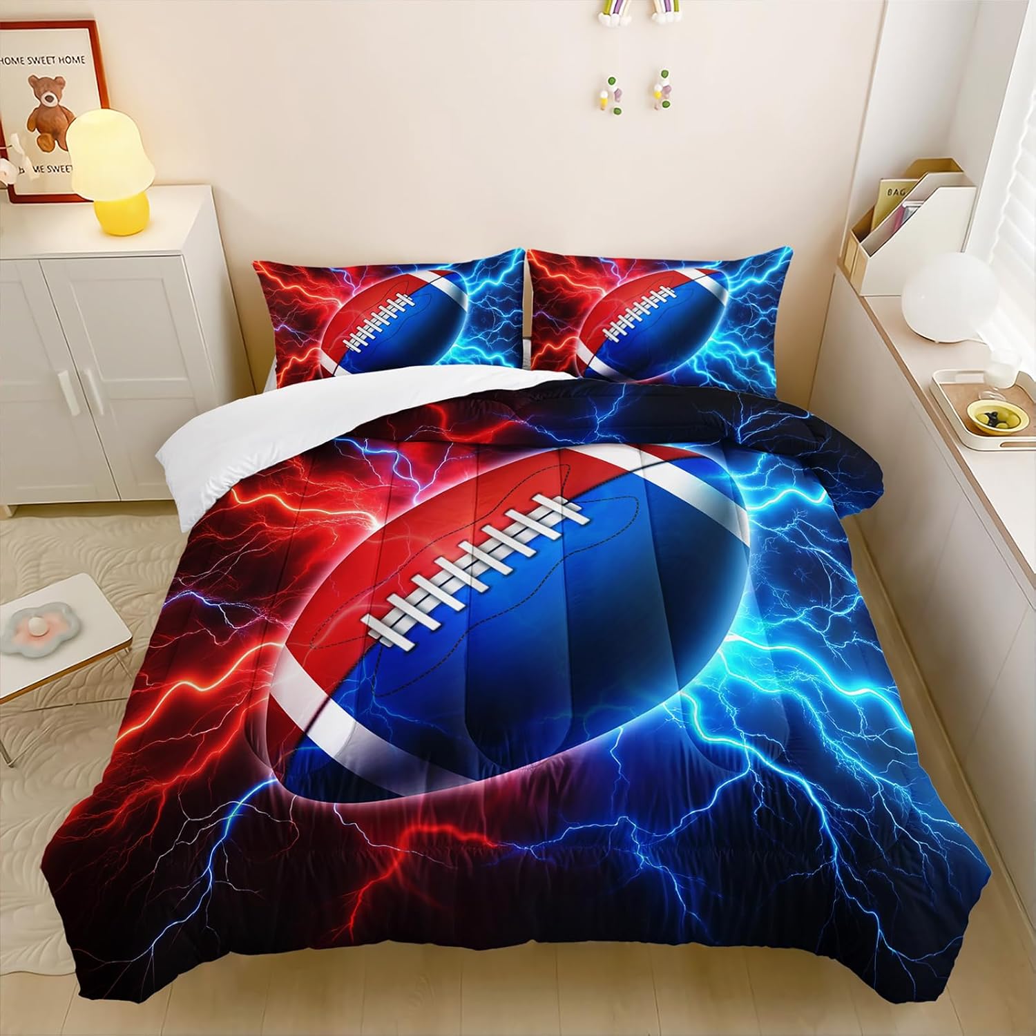 Rugby Comforter Set Queen Size, Red and Blue Flash Rugby Comforter Set for Kids Boys Girls, Sports Quilt Set Bedroom Bedclothes, 3D Sport Themed Bedding Set All Season