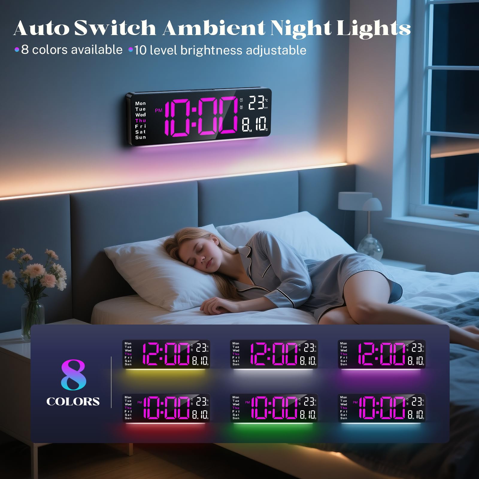 Orologio da parete digitale, con ampio display LED da 40,6 cm, con telecomando, orologio da parete a LED con luce notturna a 8 colori RGB, sveglia, data, settimana, temperatura, DST, per
