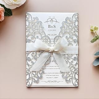 5.12 x7.28 inch 50PCS Blank Silver Laser Cut Wedding Invitations with Envelopes & Bowknot Quinceanera Invitation for Wedding Invite