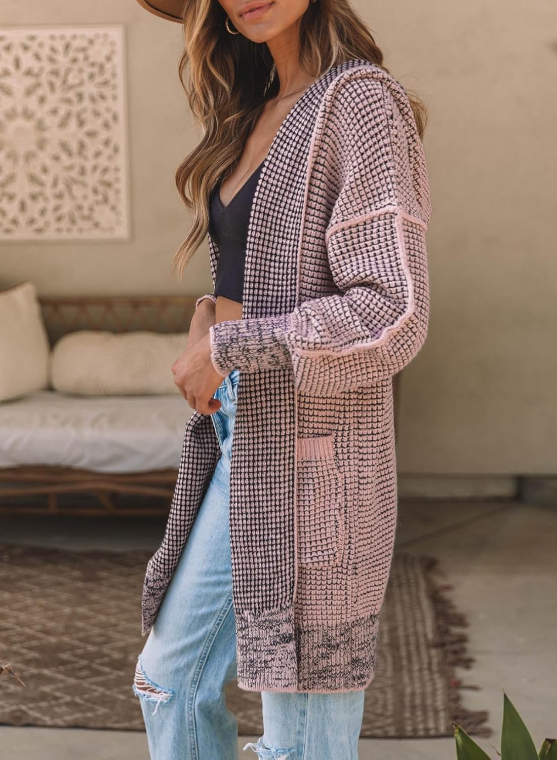 Sidefeel Women's Cardigan Sweaters Hooded Oversized Open Front Chunky Knit Plaid Sweater Coat Fall Fashion Tops - Image 3