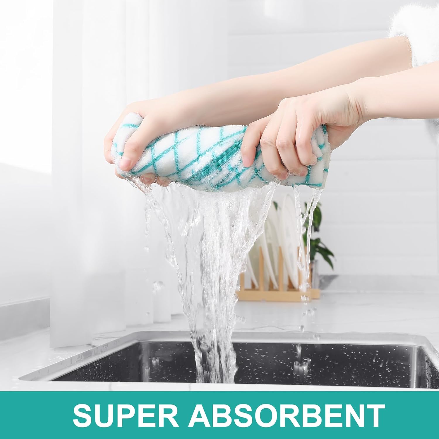 Homaxy Premium Cotton Kitchen Towels 16"x 28", Large Natural Ring Spun 390 GSM Dish Towels, Super Absorbent Terry Kitchen Hand Towels, Soft Tea Towels with Hanging Loop, Aqua Check Design, 6 Pack - Image 3