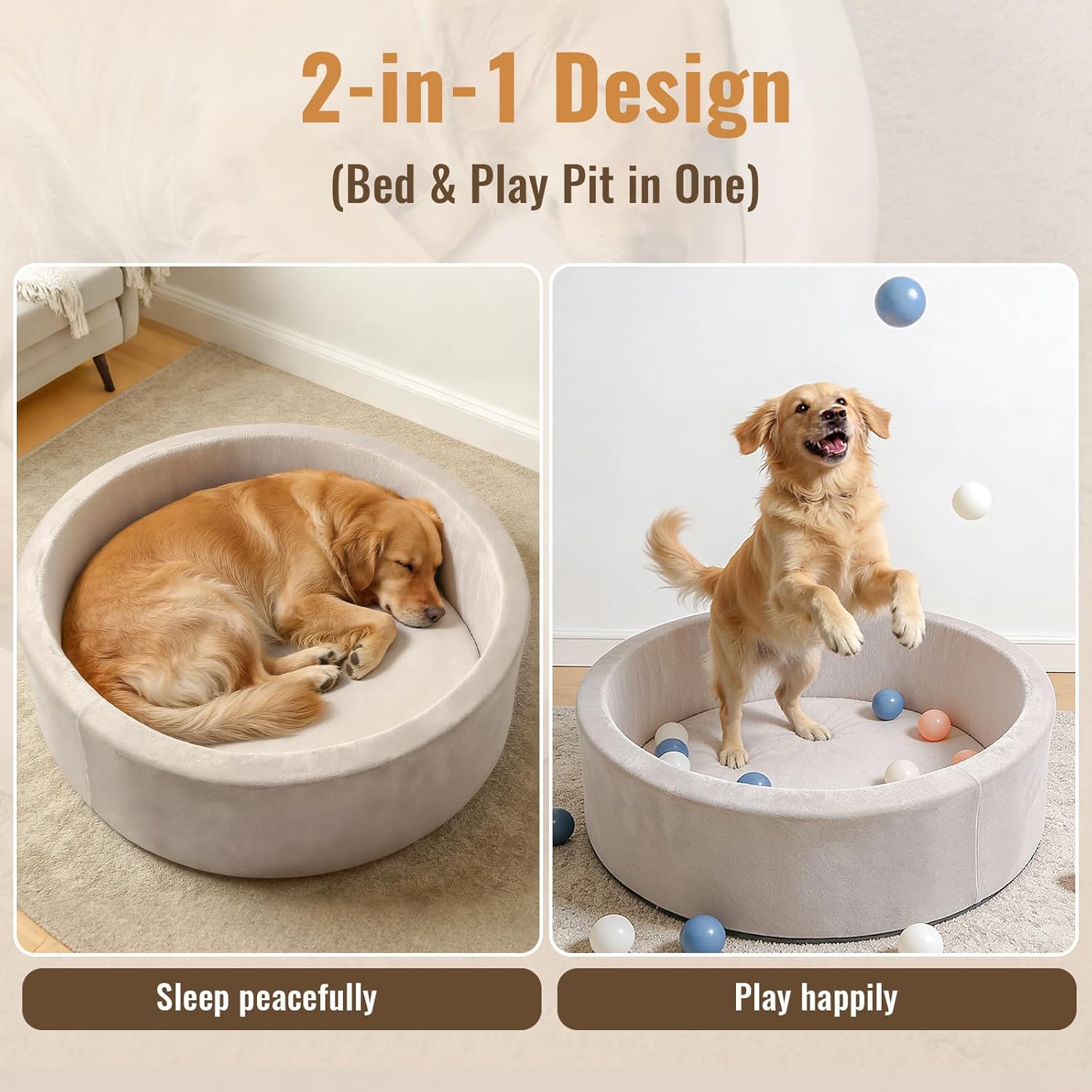 39 Inch Round Dog Bed Ball Pit, Indoor Playpen for Cats and Small Dogs, Dual Use Pet Play and Rest Area, Gray (Balls Not Included)