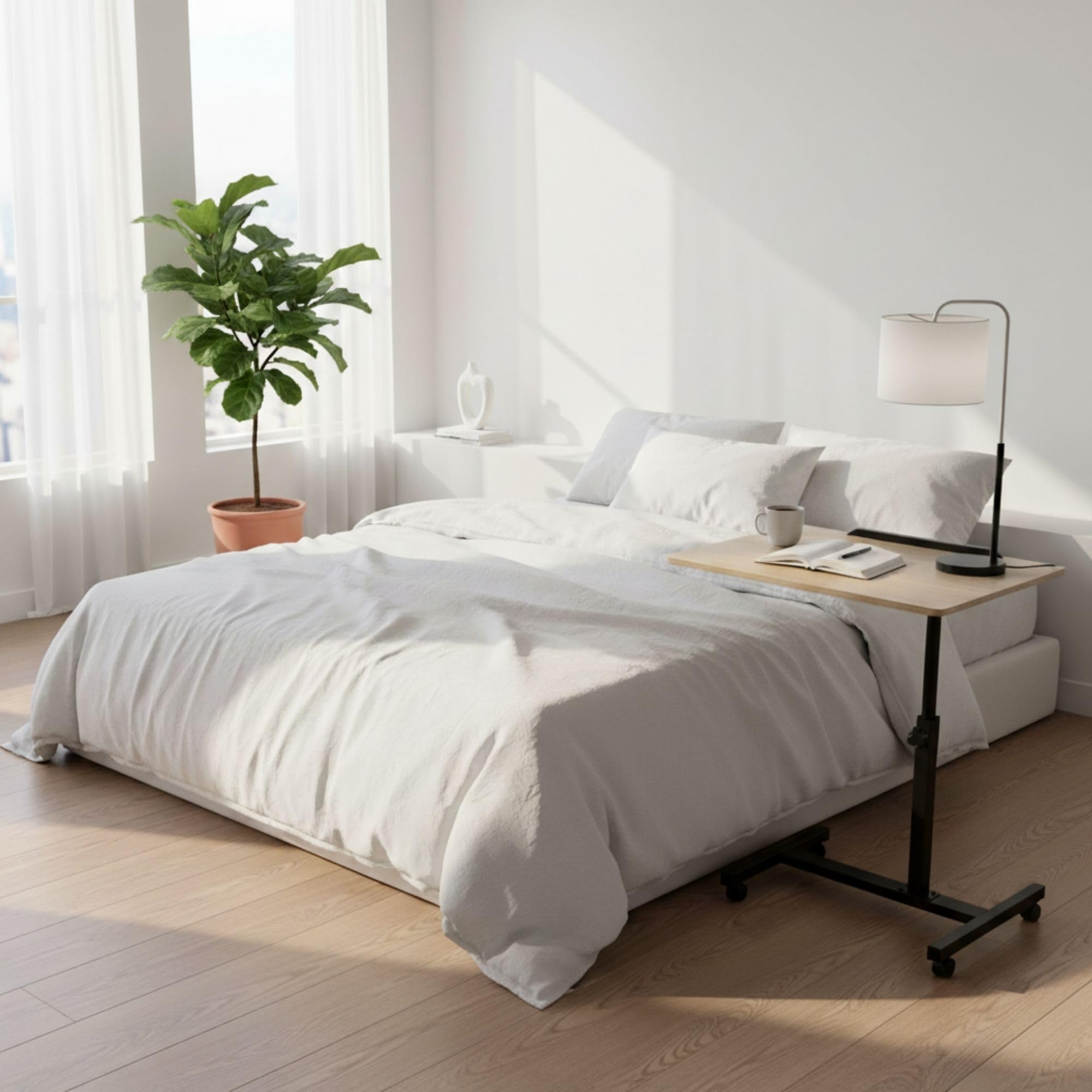 INDE MOBLEKIT | Mesa Auxiliar Regulable con Tablero Inclinable 60x40x59-89 cm, Escritorio con Ruedas para Sofá o Cama, Metal y Madera, Mesa Auxiliar con Altura Ajustable y Freno