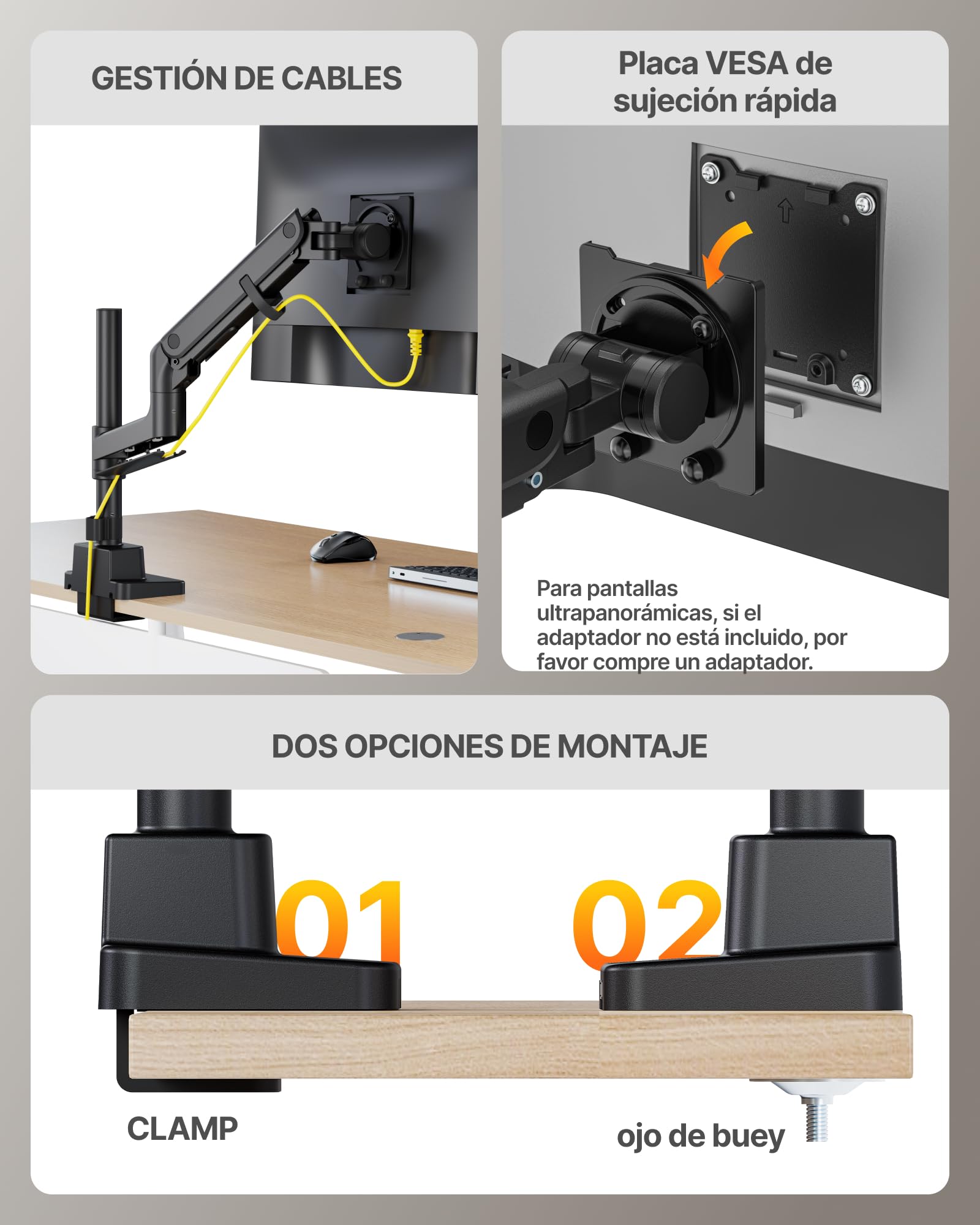 monTEK Soporte Monitor con Poste Alto y USB para 17-57" | Brazo de gas con diseño curvo para escritorios y monitores ultrapanorámicos, compatible con VESA 75x75/100x100, negro.
