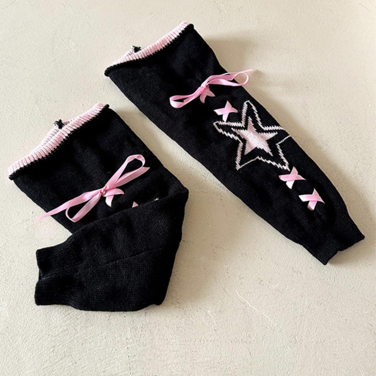 Y2K - Calentadores de piernas para mujer, diseño de estrellas con lazo, calcetines de punto kawaii, góticos japoneses, calentadores Lolita