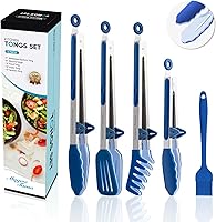 Vista 11 de Paquete de 5 pinzas de silicona para cocinar, 4 pinzas de cocina de 13 pulgadas con puntas de silicona, pinzas de acero inoxidable antiadherentes
