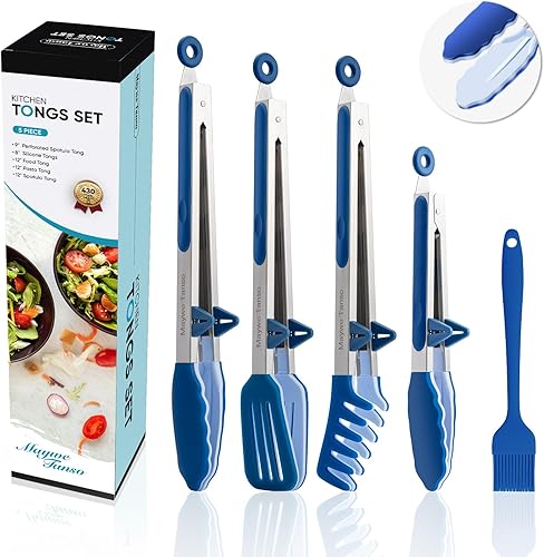 Miniatura 11 de Paquete de 5 pinzas de silicona para cocinar, 4 pinzas de cocina de 13 pulgadas con puntas de silicona, pinzas de acero inoxidable antiadherentes