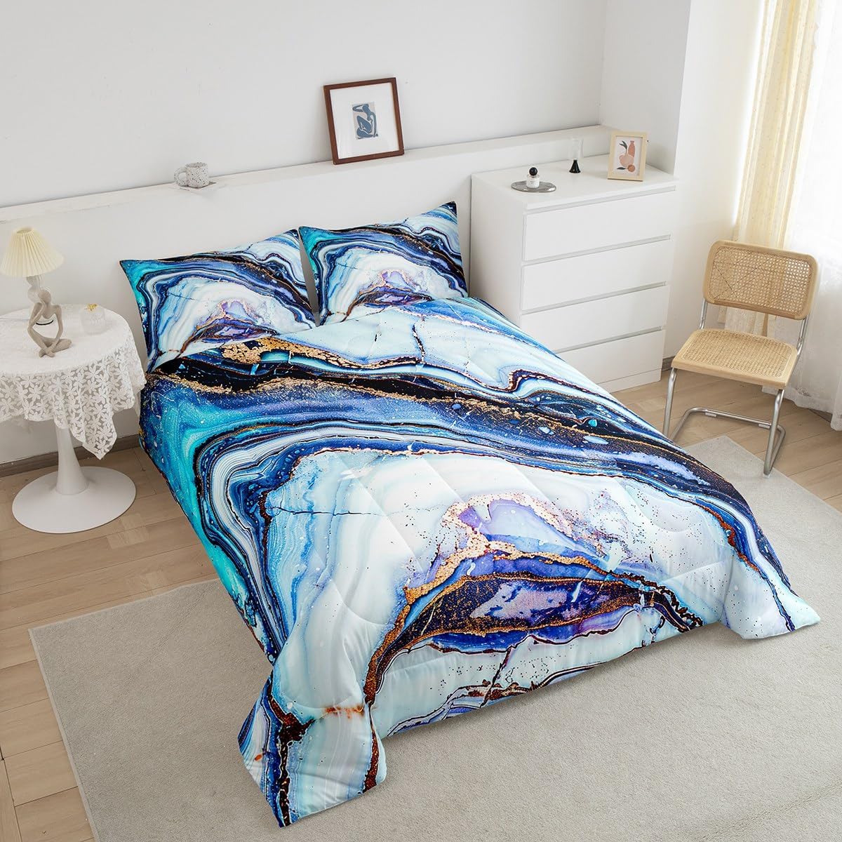 Colorful Marble Bedding Set for Girls Boys Kids Women Purple Blue Pink Marble Swirl Comforter Psychedelic Trippy Comforter Set Modern Room Decor Natural Luxury Abstract Art Quilt Set Full Size 3Pcs image 3