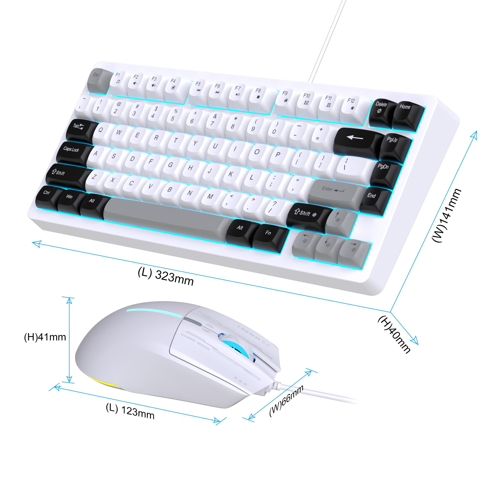 Snpurdiri Combinazione di tastiera e mouse con cavo, tastiera meccanica compatta a 81 tasti, tasti rotondi retrò retroilluminati blu ghiaccio, tastiera da gioco per laptop, facile da trasportare in