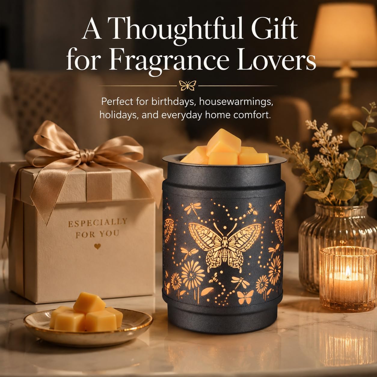 kobodon Butterfly Wax Melt Warmer, Electric Metal Wax Warmer with Decorative Cutout Projection, Flameless Wax Cube Warmer with Soft Glow Night Light, Compact Fragrance Warmer for Bedroom Bathroom | Cute Owl Candle Wax Warmer for Bedroom Bathroom Office Decor, Flameless Fragrance Warmer, Gifts for Women Mom