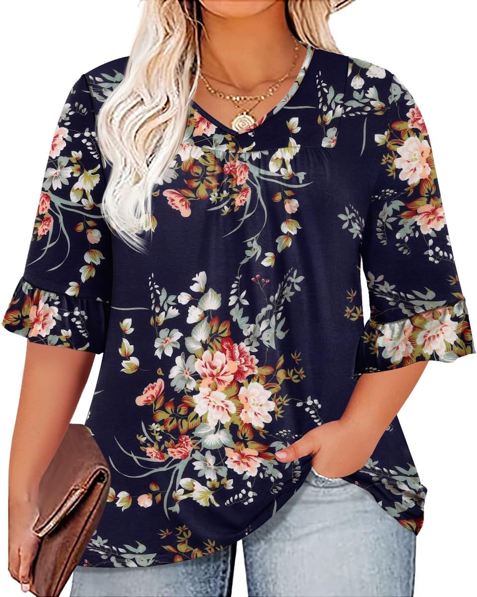 Micoson Womens Plus Size Tops 3/4 Ruffle Sleeve Shirt Casual V Neck Pleated T Shirt Loose Fit Tunic Blouse(1X-5X)