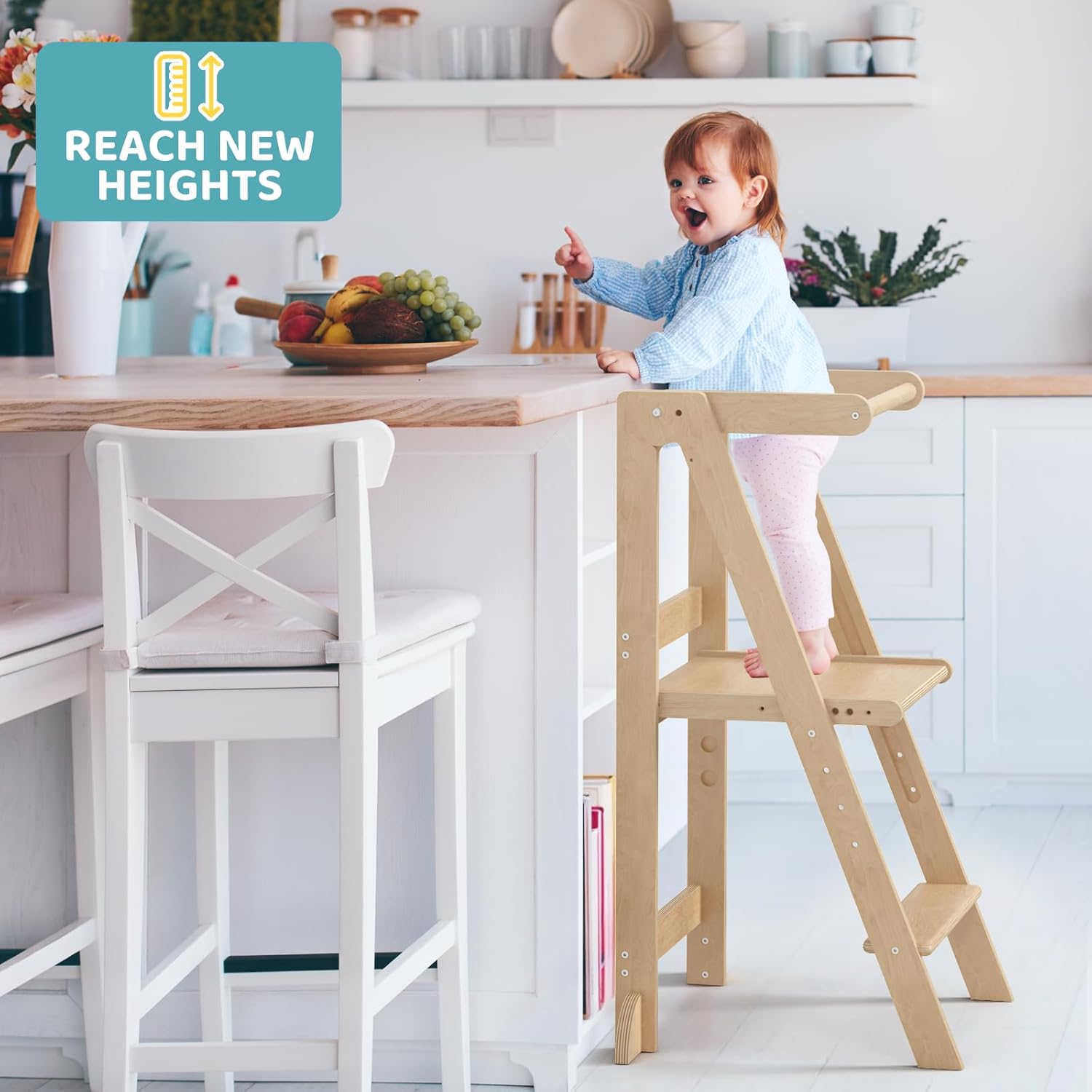 Cowiewie Foldable Toddler Tower, 4 Heights Wooden Standing Tower, Lock and Fold Safety, Space-Saving Fold, 18M-6Y