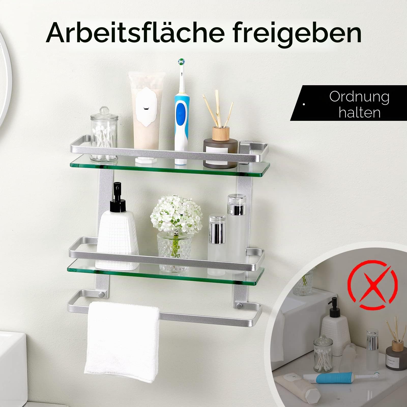 KES Duschablage Glas Duschregal Glasablage für Badezimmer Wandregal Glasregal Dusche Ablage Hängeregal mit Handtuchhalter 2 Regale Aluminium Eloxiert Silber, A4127B