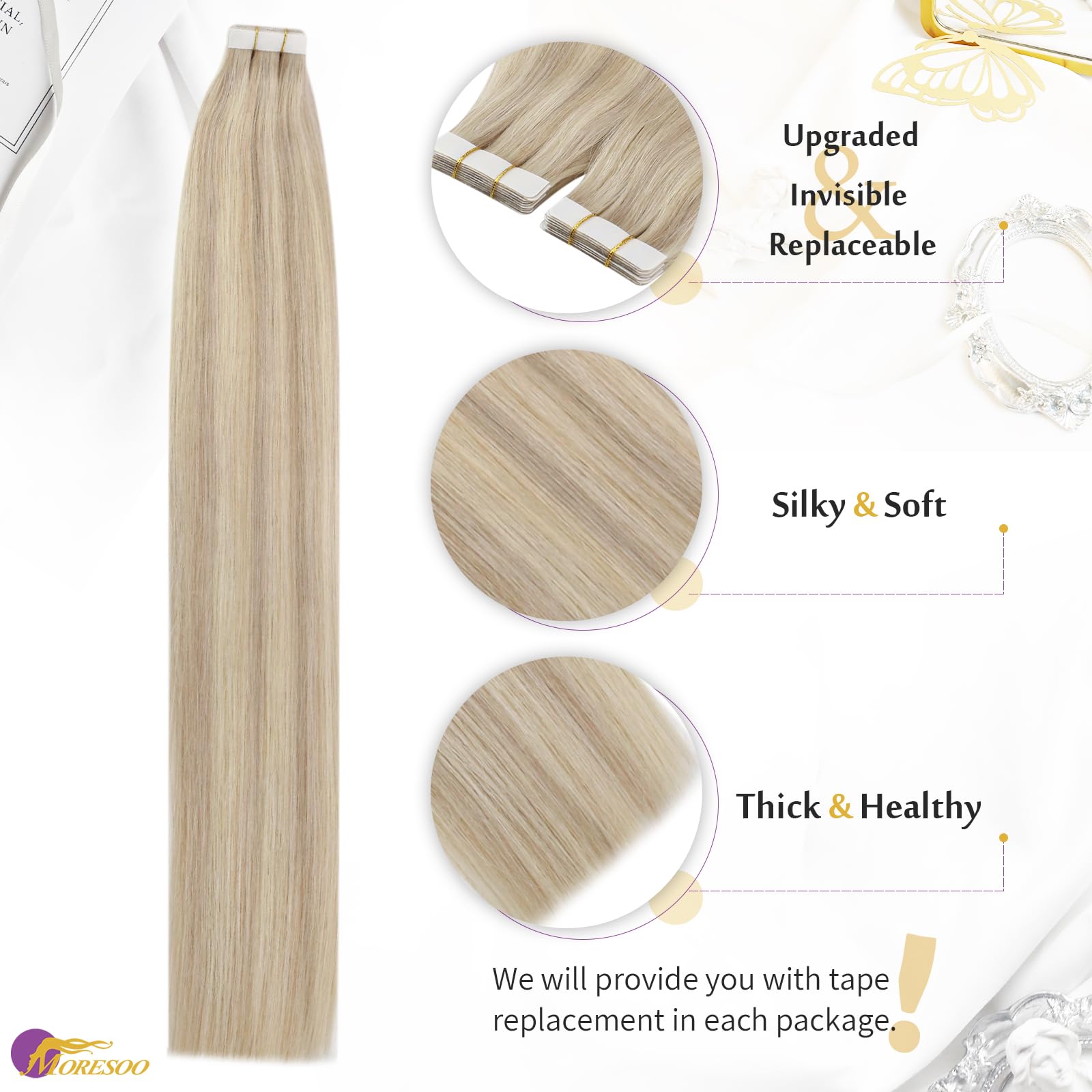Moresoo Tape in Hair Extensions Human Hair 20 Inch Ash Blonde with Bleached Blonde Human Hair Tape in Extensions Highlight Remy Straight Hair for Women Adding Volume 10 Pieces/25g #P18/613 - Image 2