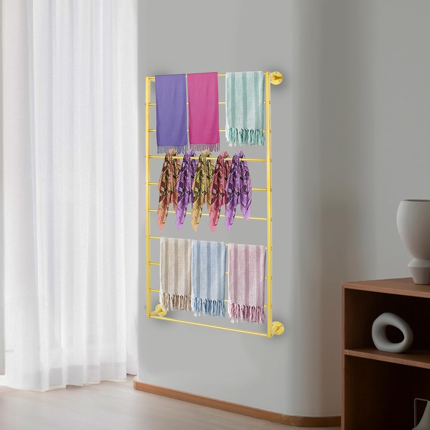 10-Layer Wall-Mounted Organizer Rack for Ties, Scarves, Belts, Towels & Ribbons - Metal Display Shelf for Home, Retail, Flower Shop Storage Solutions