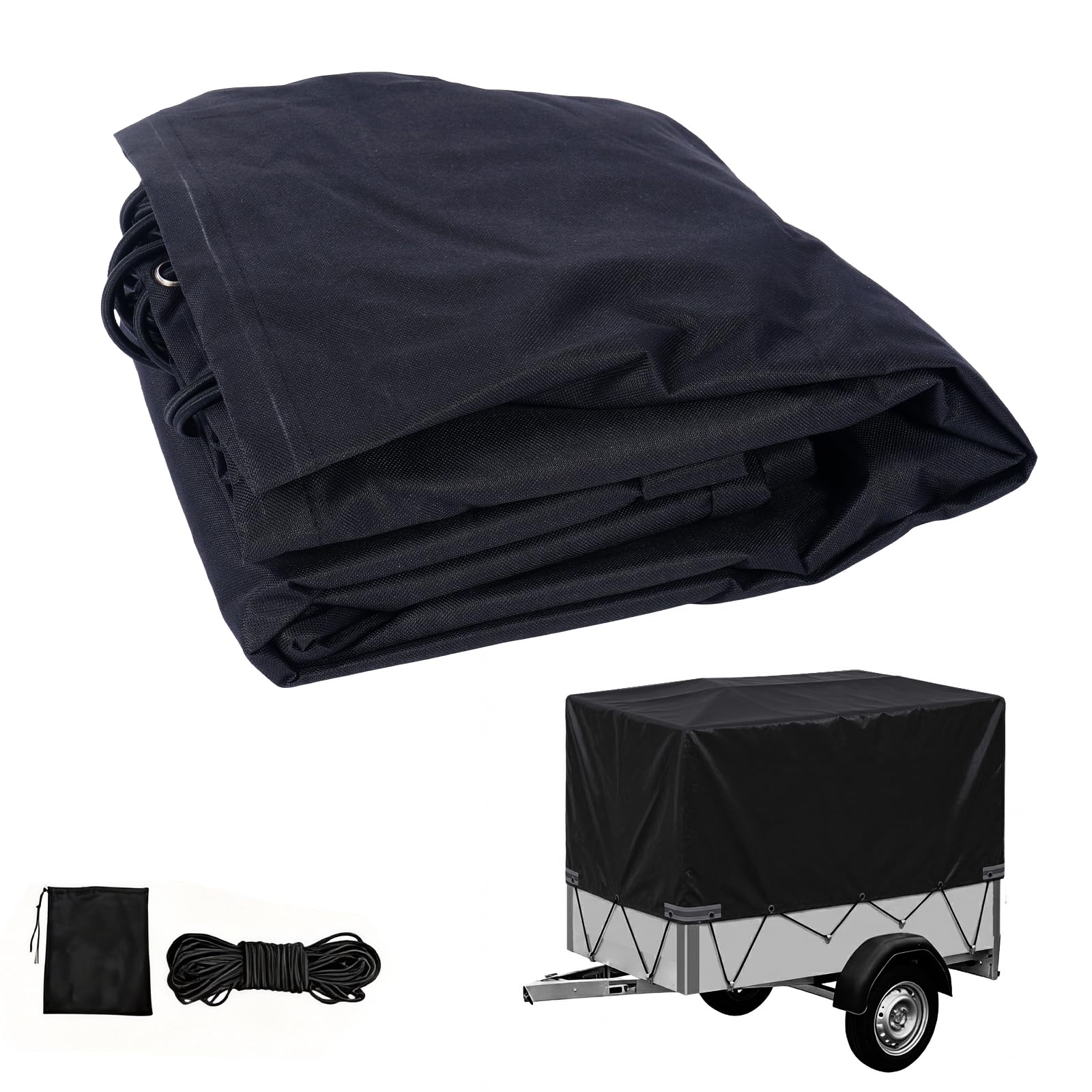 Lona para remolque de alta calidad, 210 x 114 cm (borde 90 cm), tejido Oxford 600D, color negro, muy resistente al desgarro e impermeable, lona plana, incluye cuerda expansora y esquinas reforzadas
