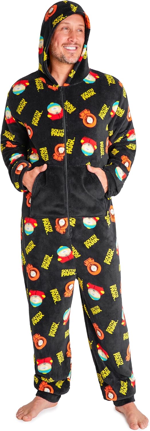 South Park One Piece Pajamas for Men Teens Fleece Hooded Jumpsuit PJs Cozy Loungewear Soft Sleepwear Funny Gifts for Men