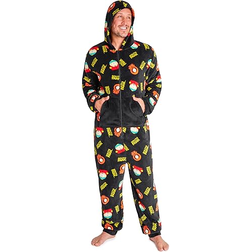 South Park One Piece Pajamas for Men Teens Fleece Hooded Jumpsuit PJs Cozy Loungewear Soft Sleepwear Funny Gifts for Men