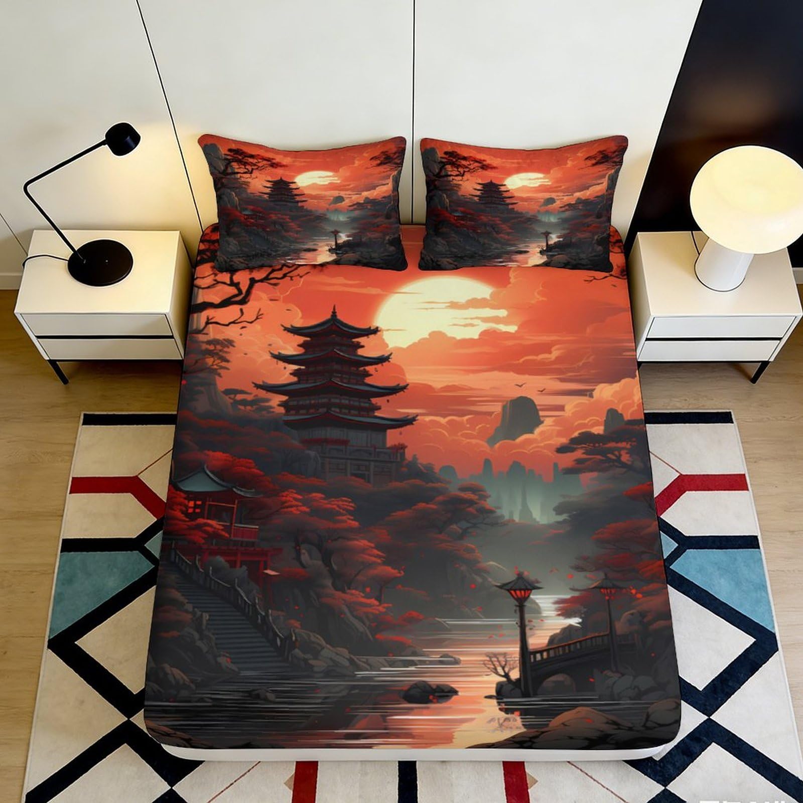 3D Printed Japanese Sunset Fitted Sheet Microfiber Pagoda Landscape Mattress Cover for Bedroom Guest Room Decor 90x200x25cm