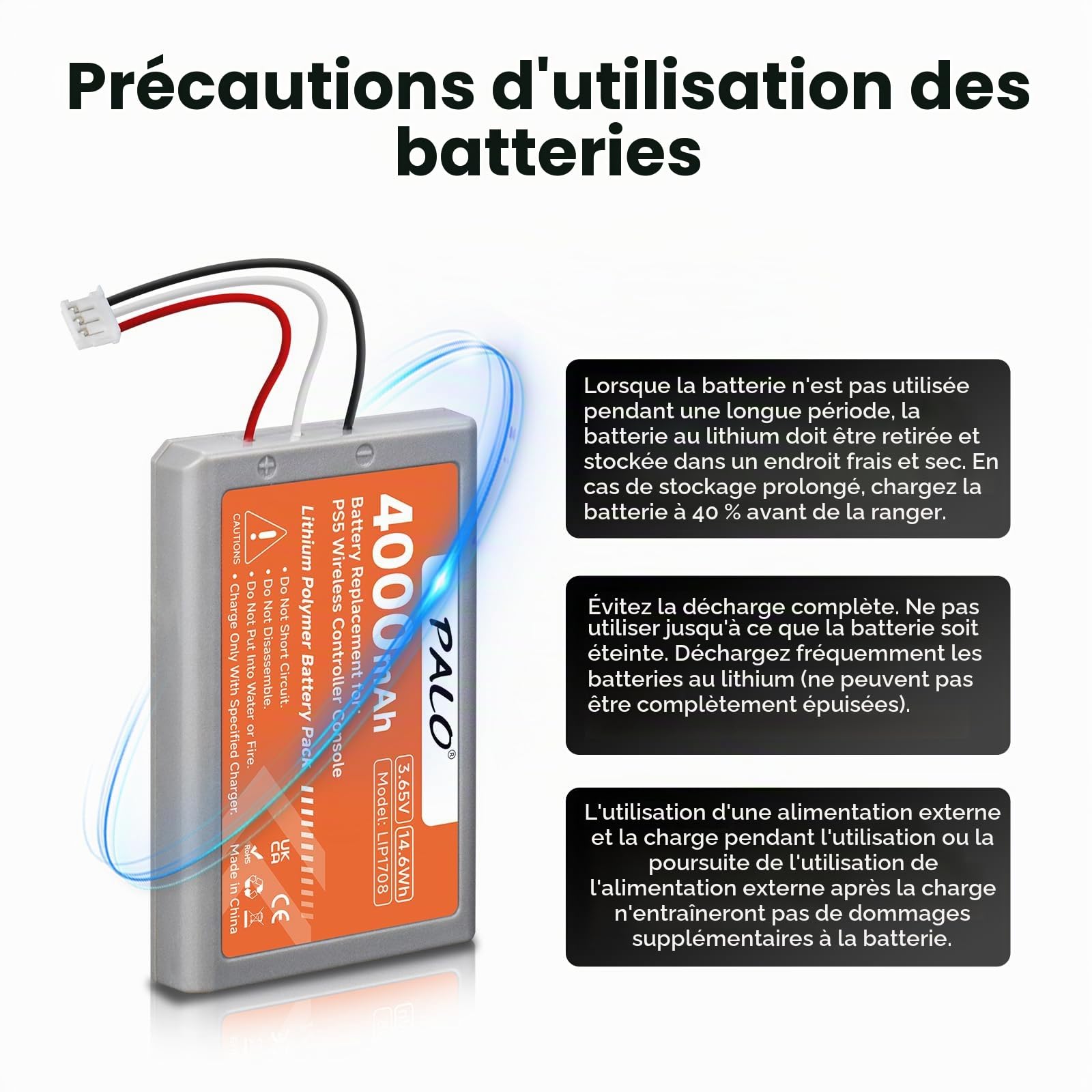 4000mAh PS5 Batterie de Manette - Batterie au Lithium Rechargeable Haute capacité pour LIP1708, PS5 Dual Sense, CFI-ZCT1W, CFI-ZCT1J（3,65 V/14,6 Wh） (2Pcs)