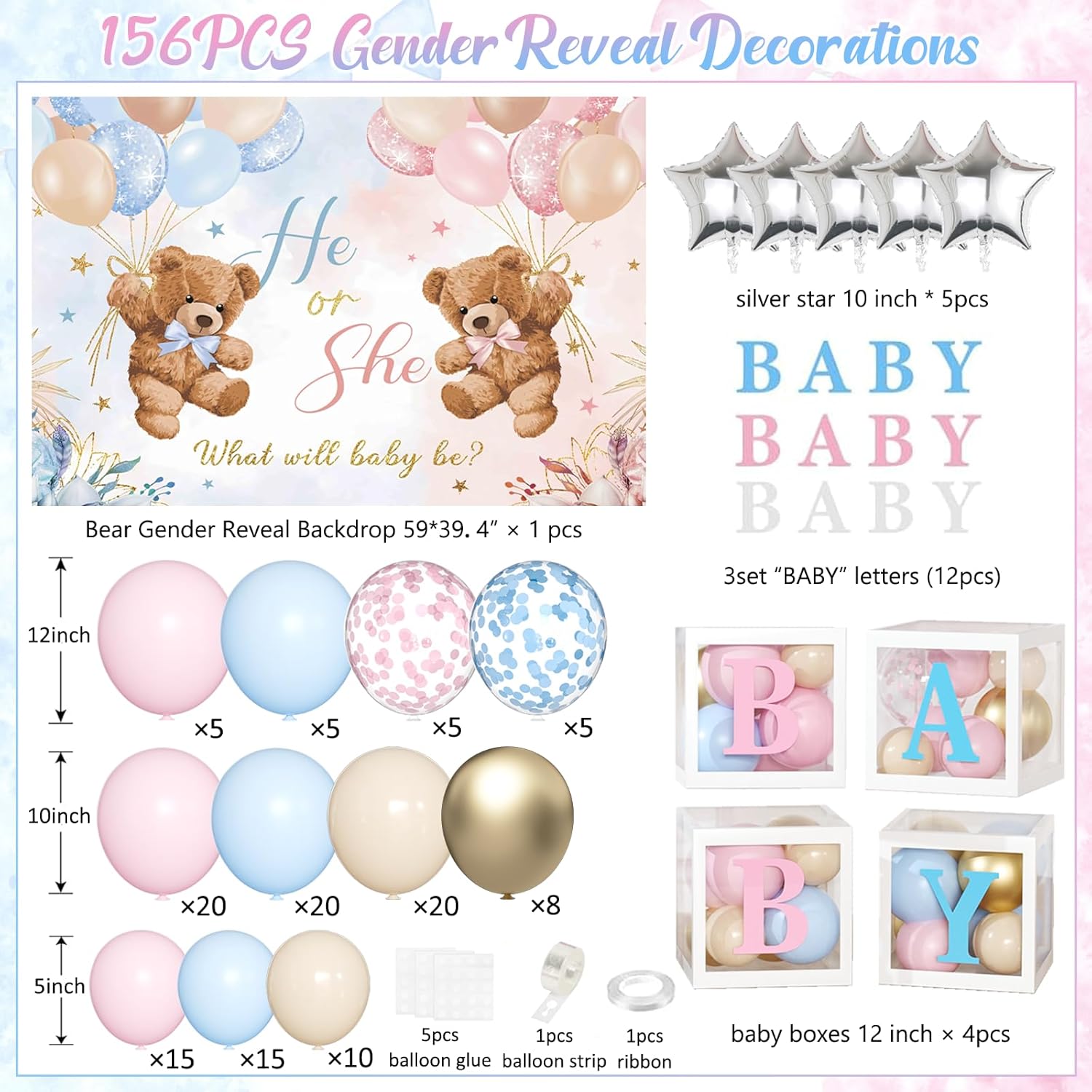 Bear Gender Reveal Decorations - 158pcs Pink Blue Balloon Garland Kit, 4pcs Baby Boxes With Letters, He or She Backdrop, Boy or Girl Bear Theme Party Supplies