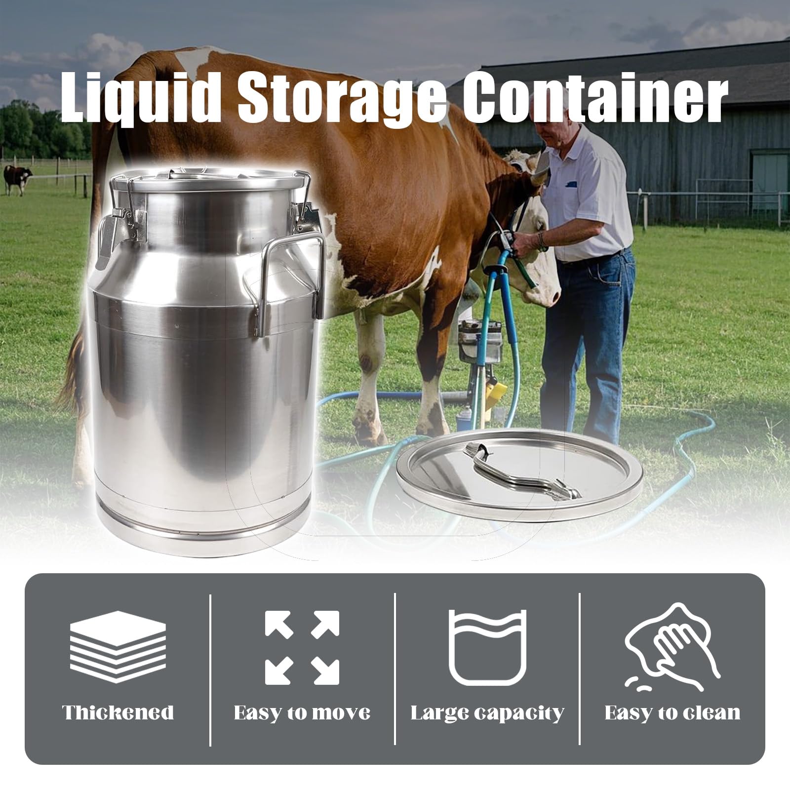Lata de leche de acero resistente con tapa y asa, contenedor de almacenamiento de bebidas para leche, vino y líquidos, diseño duradero para un fácil transporte y cierre seguro
