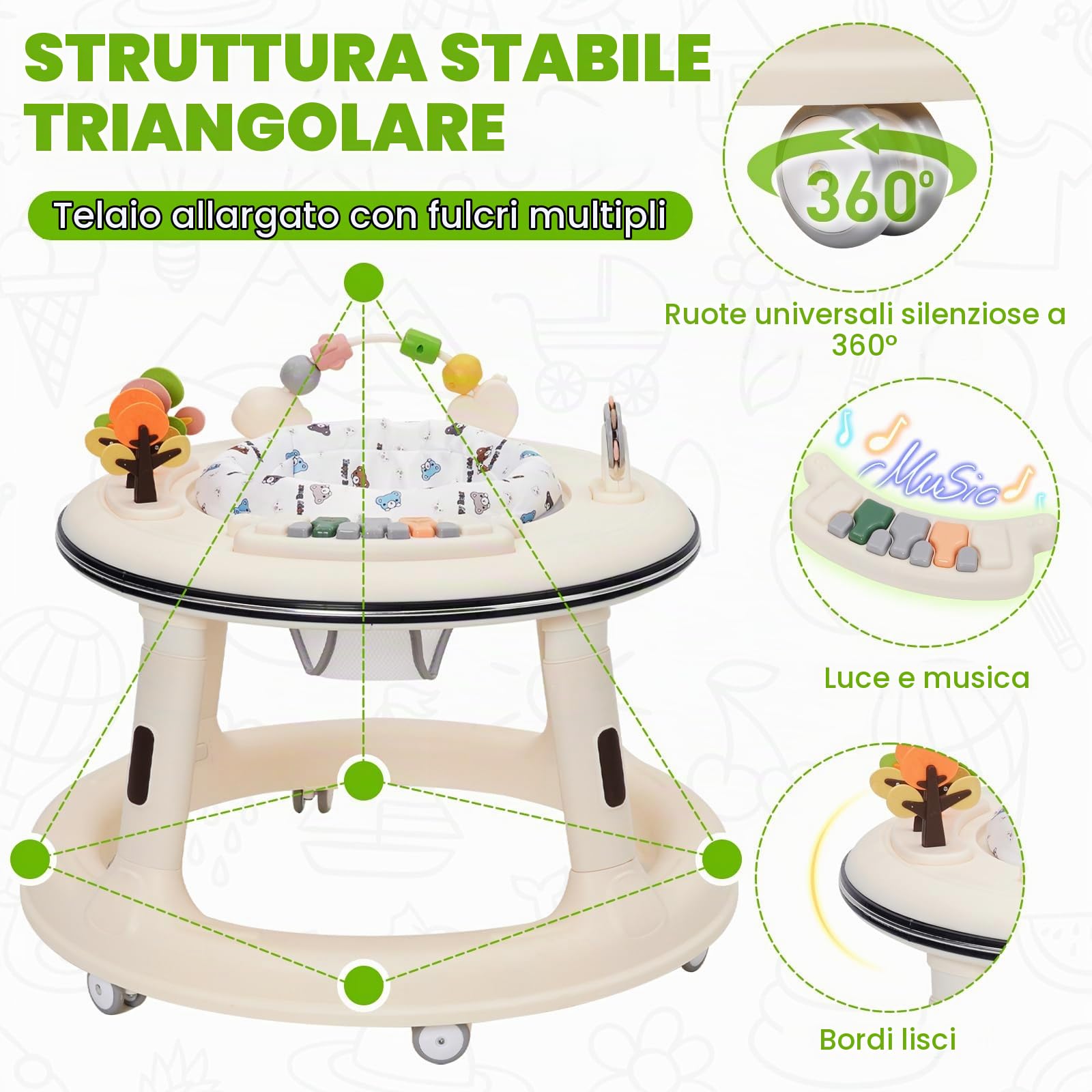 Girello Bambino,Girello 2 Altezze Regolabili,Resistente al Ribaltamento,BabyWalker con Giocattoli Montessori, Ruote Silenziose a 360° e Attività musicali staccabili, Da 9-18 Mesi in su
