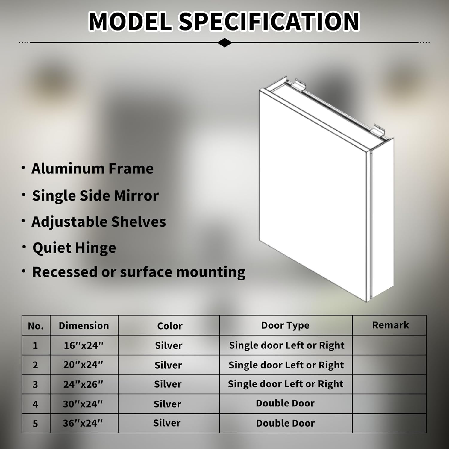 24" W x 26" H DIY Medicine Cabinet with Mirror Door and Adjustable Shelves, Pre-Assembled Door, Soft-Close Hinges, Rust-Resistant Aluminum Frame, Surface or Recessed Installation Options