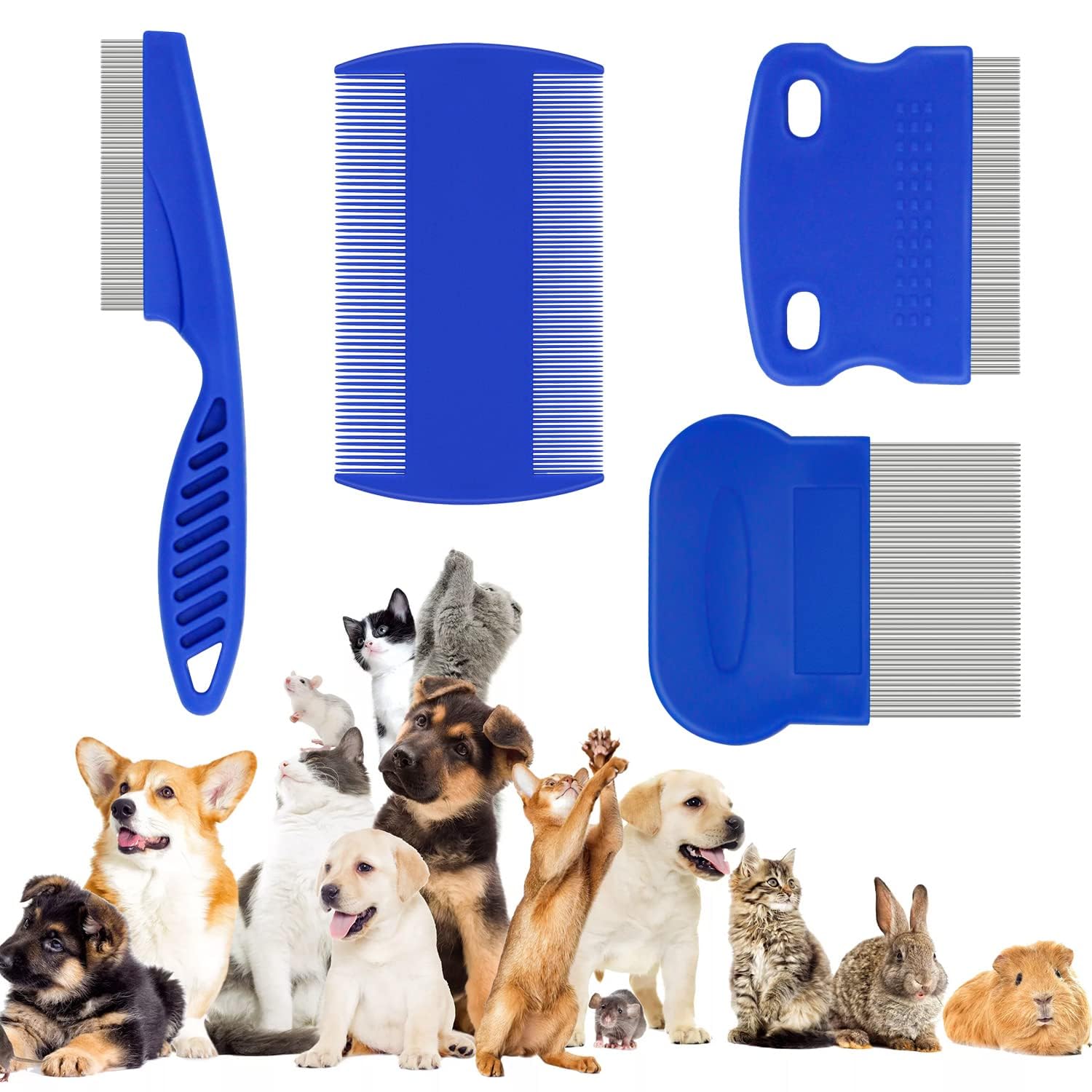 Wawasia 4 Pcs Flea Lice Comb for Cats Dogs, Dog Cat Grooming Comb Pet Tear Stain Remover Combs Fine Tooth Grooming Removal Tool(Blue)
