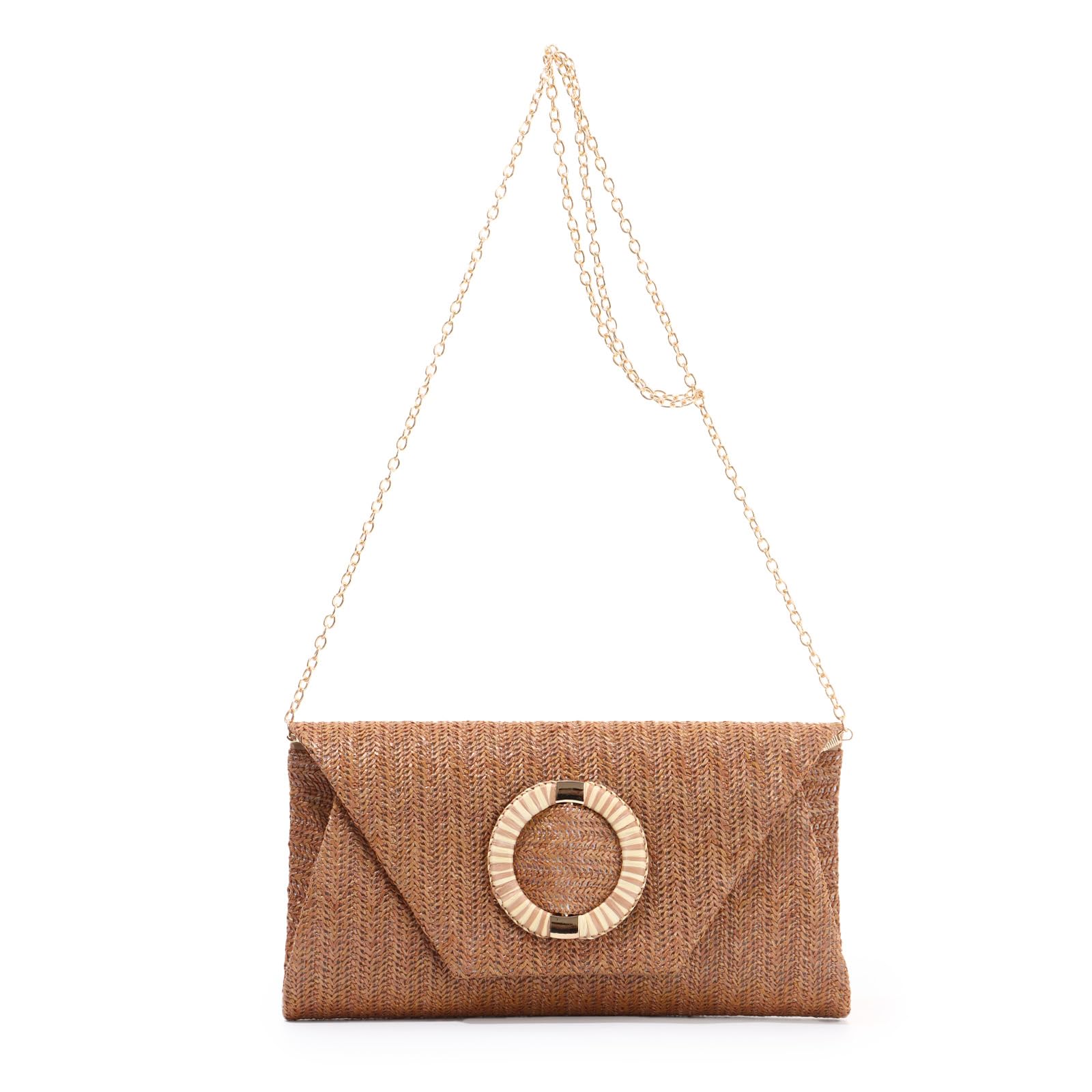 BWBIKE Sac à Main Pochette Tissé en Raphia pour Femme - Élégant Sac à Bandoulière en Paille pour l’été, la Plage, les Mariages et les Fêtes Formelles, Sac à Main Enveloppe Avec Chaîne Amovible