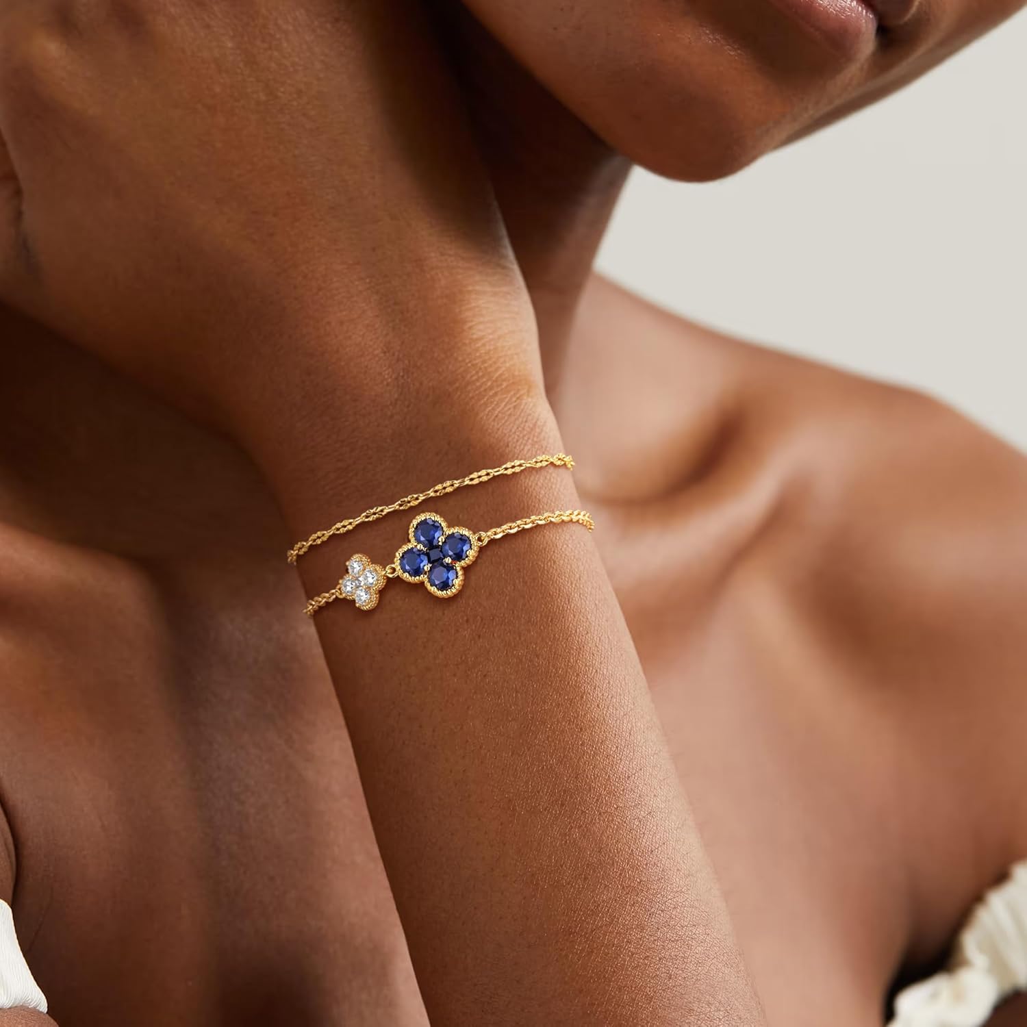 Birthstone Bracelets for Women, 14K Gold Plated Dainty Gold 2 Clover Bracelet Flower Charm Link 12 Month Birthstone Jewelry for Women Trendy Birthday Gifts - Image 3