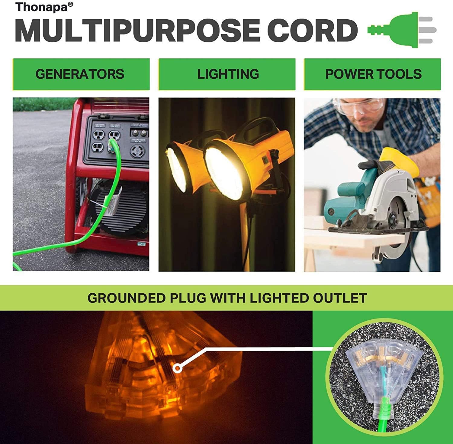 50 Foot Outdoor Extension Cord with 3 Electrical Power Outlets - 12/3 SJTW Heavy Duty Neon Green Extension Cable with 3 Prong Grounded Plug for Safety