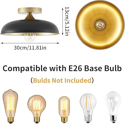Miniatura 2 de MIAYBPH Lámpara de techo de montaje empotrado, iluminación de pasillo de 12 pulgadas con acabado negro y dorado, luz semiempotrada industrial de