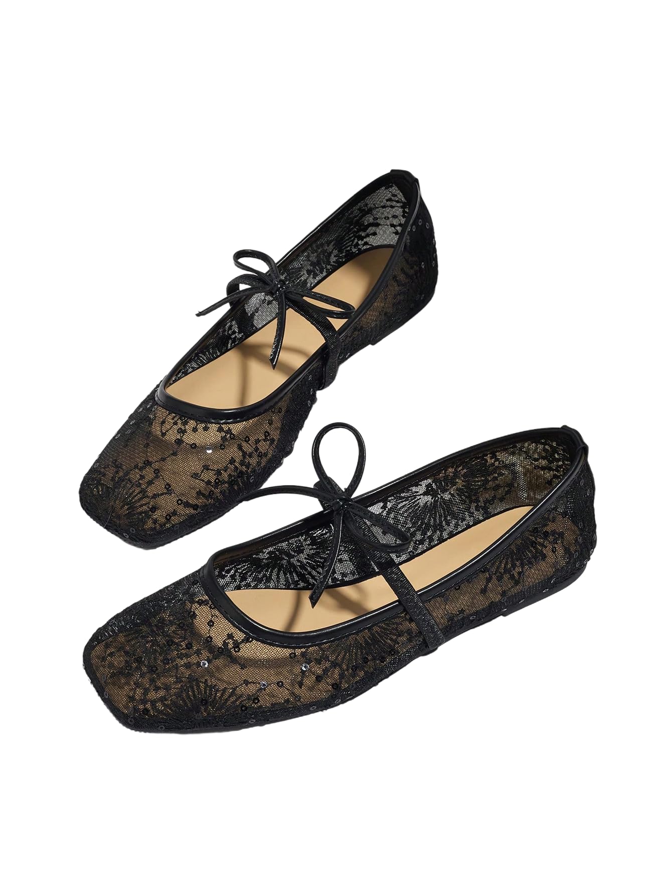 BEAUDRM Women's Polka Dots Mesh Ballet Flats Cute Lace Ballerina Flats