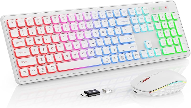 Combo de teclado y mouse inalámbricos con retroiluminación RGB, recargable | Letras iluminadas, tamaño completo, escritura suave, modo de suspensión, juego de teclado silencioso de 2,4 GHz para Mac, Windows, computadora portátil, PC, Trueque KM42Pro